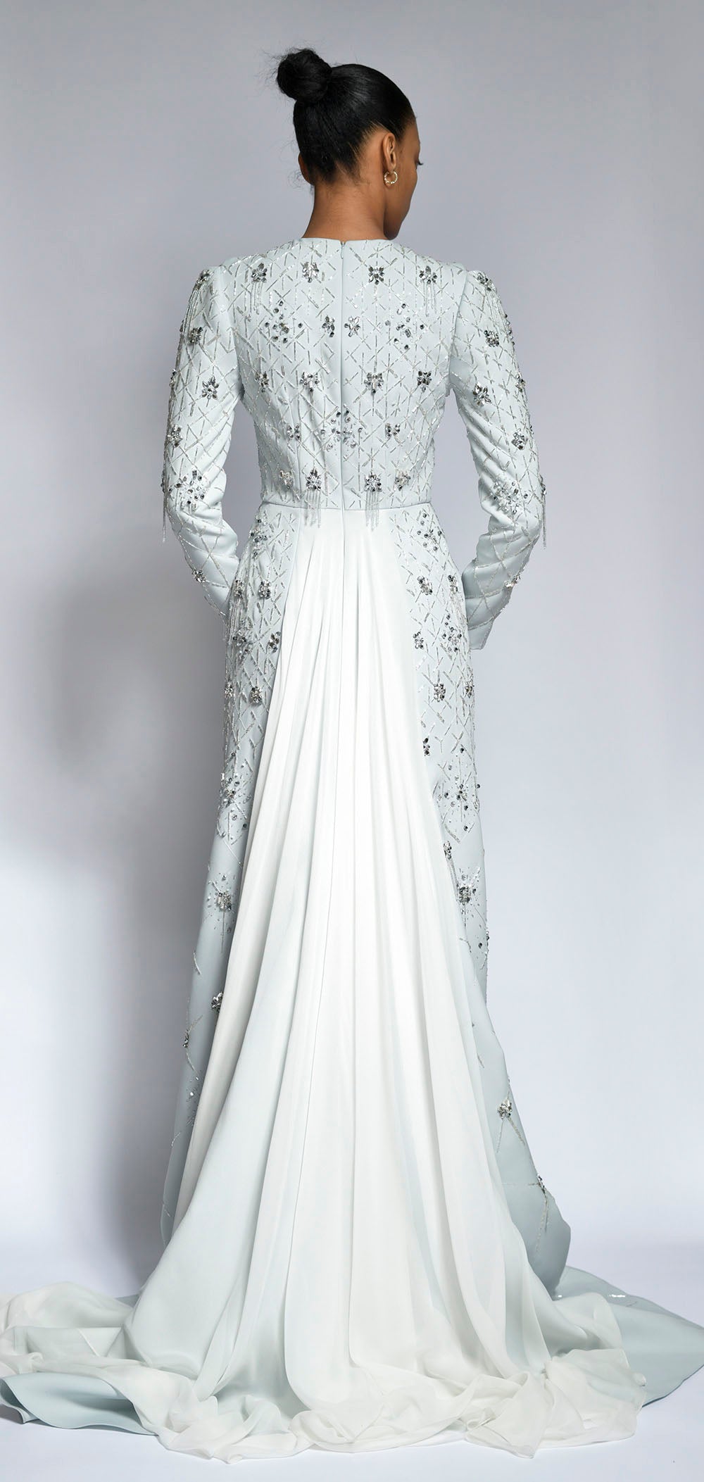 Cloud Cady Lattice Crystal Embroidery Gown with Silk Chiffon Skirt