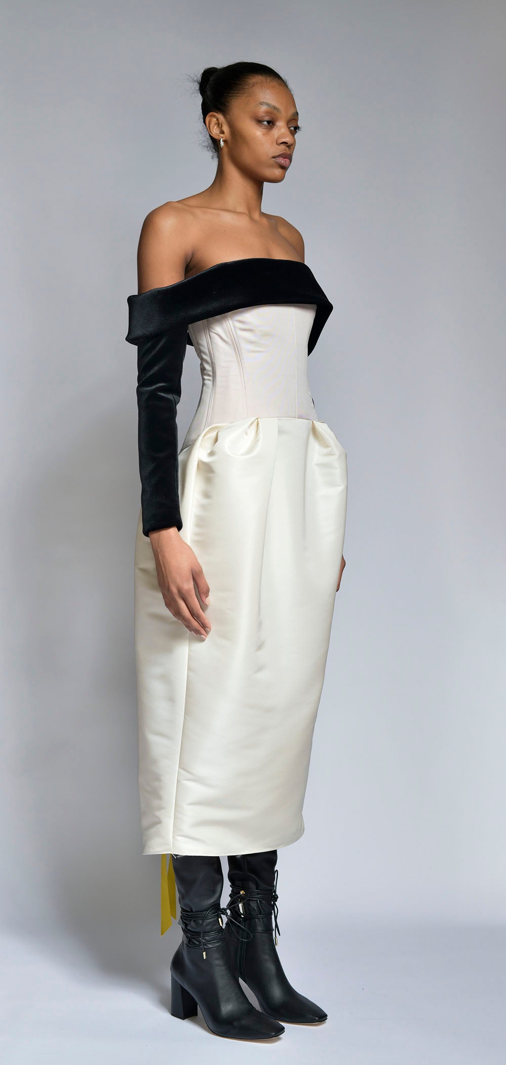 Latte and Ivory Faille Strapless Dress with Onyx Velvet Drape and Sleeves