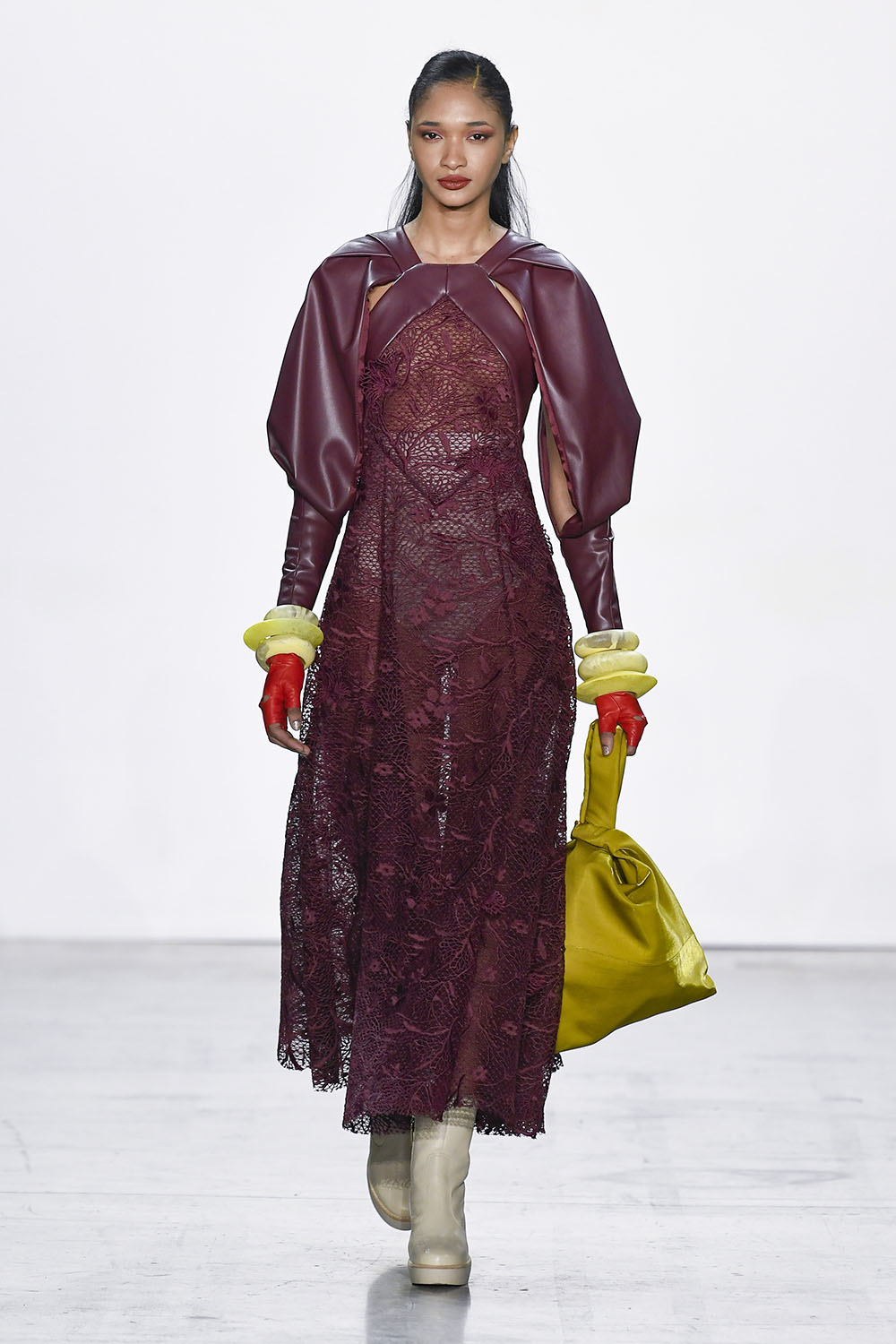 Claret Vegan Leather and Lace Dress with Draped Sleeves