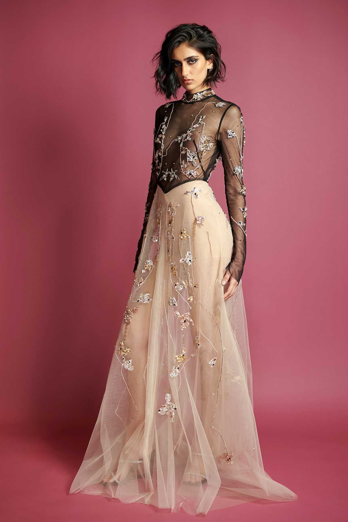 Color Block Tulle Gown with Crystal Iris Vine Embroidery