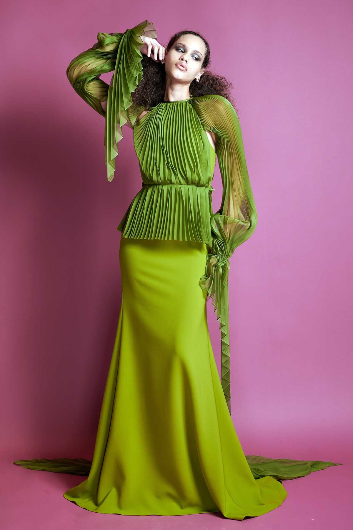Halter Crepe Gown with Silk Chiffon Pleated Train