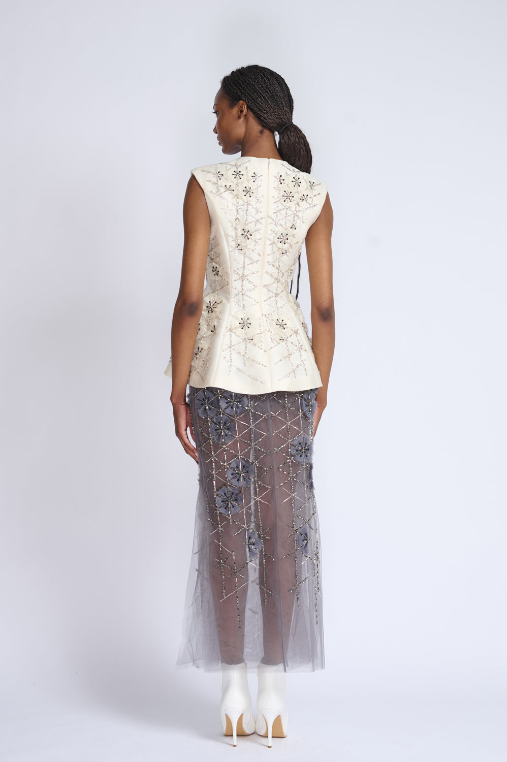 Crystal Lattice Embroidery Tulle Skirt with Side Slits