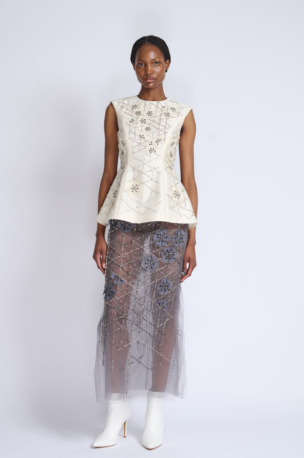 Crystal Lattice Embroidery Tulle Skirt with Side Slits