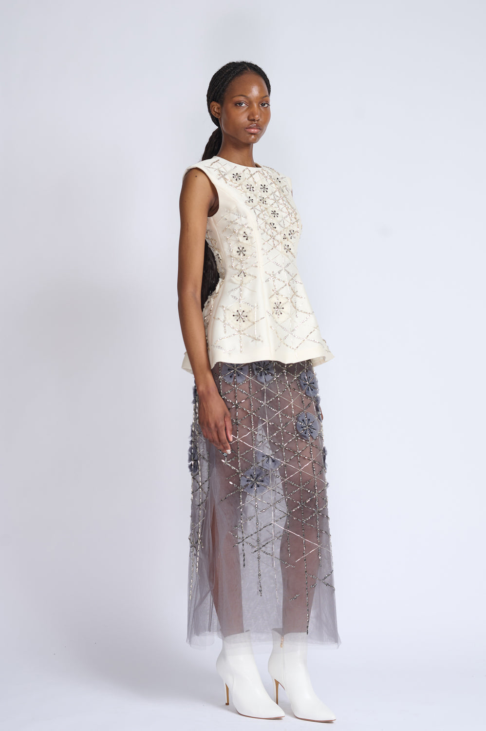 Crystal Lattice Embroidery Tulle Skirt with Side Slits