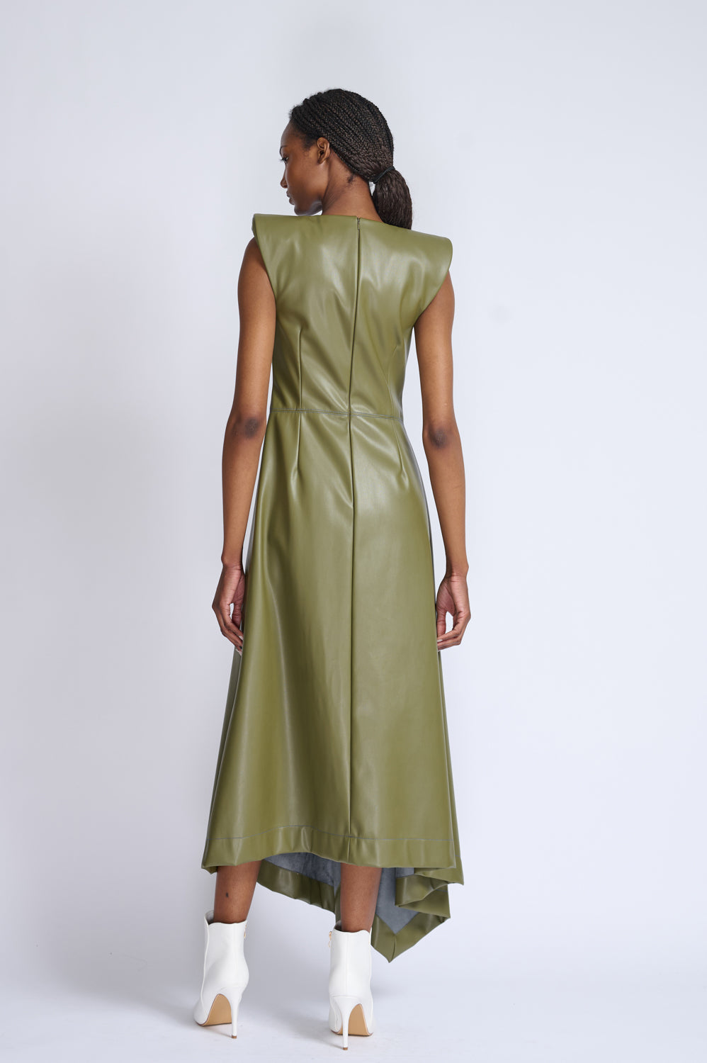 Cactus Vegan Leather Dress With Asymmetric Hem