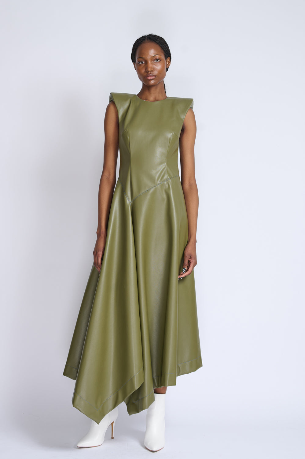 Cactus Vegan Leather Dress With Asymmetric Hem