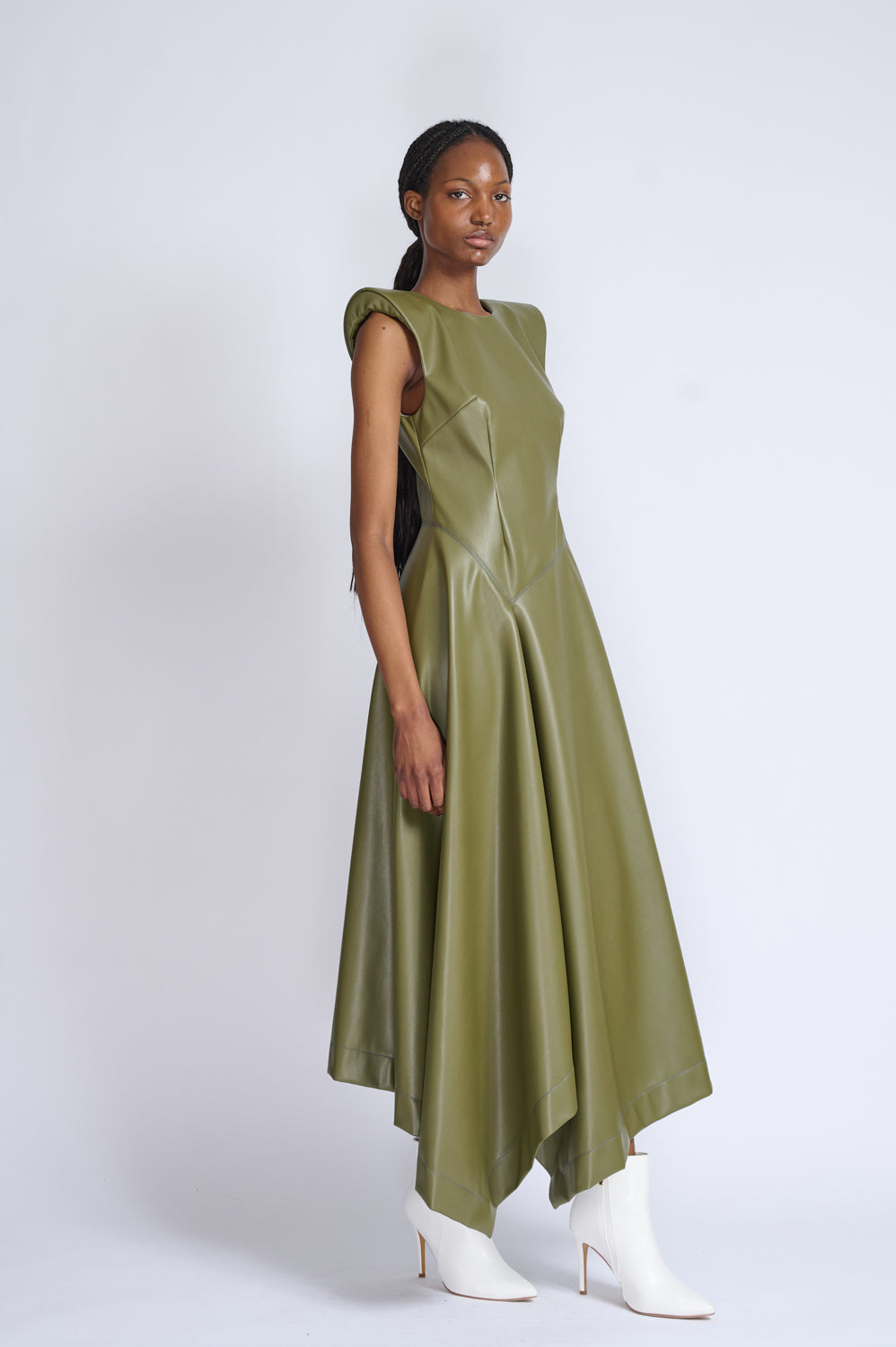 Cactus Vegan Leather Dress With Asymmetric Hem