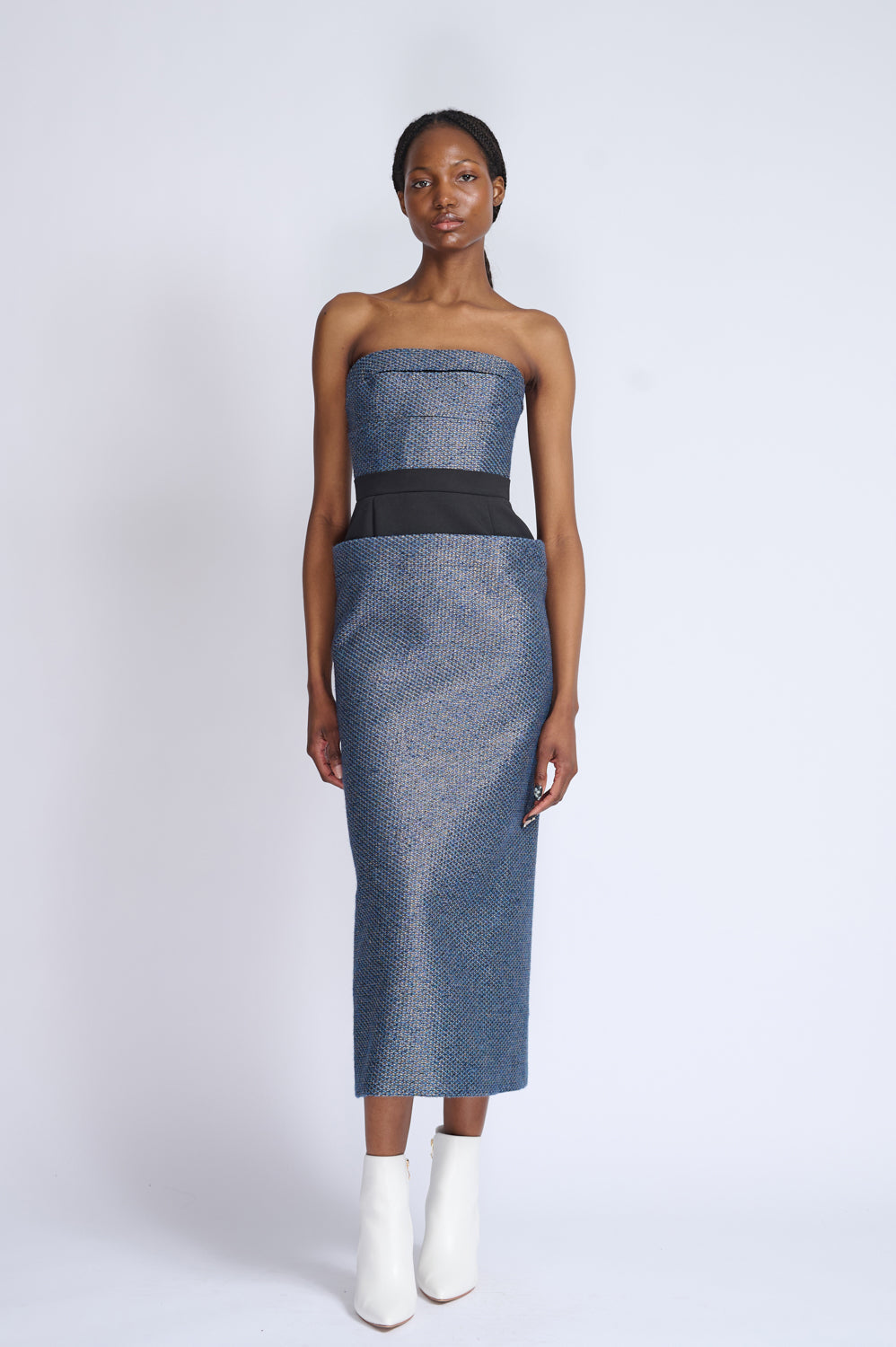 Beehive Tweed Strapless Dress With Apron Skirt Detail 1