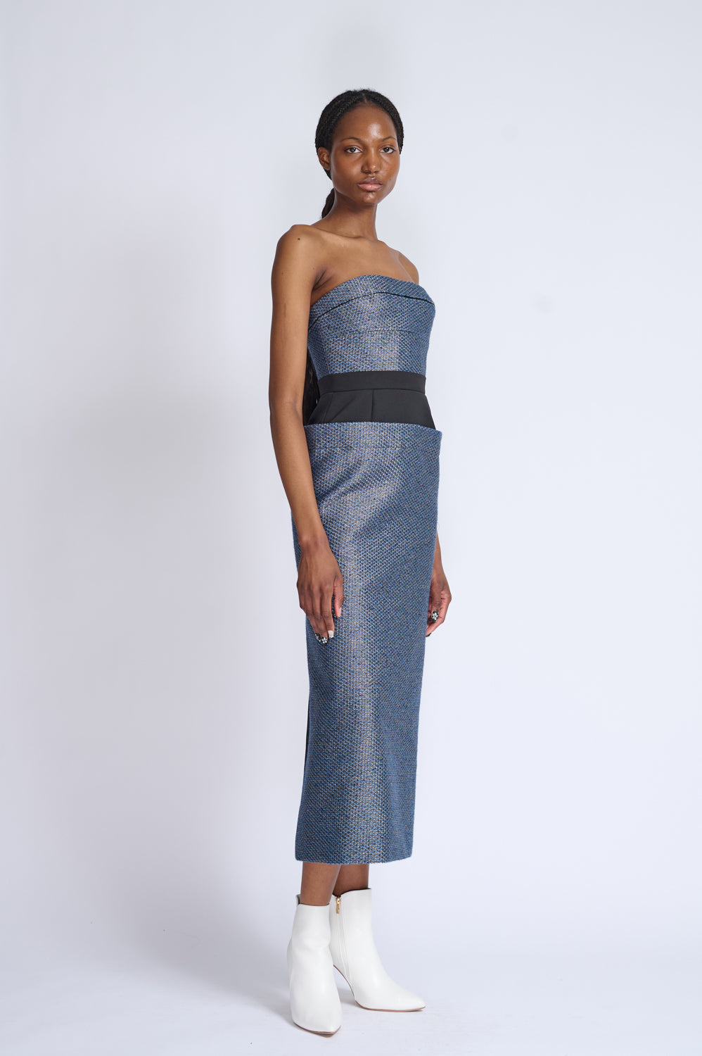 Beehive Tweed Strapless Dress With Apron Skirt Detail 2