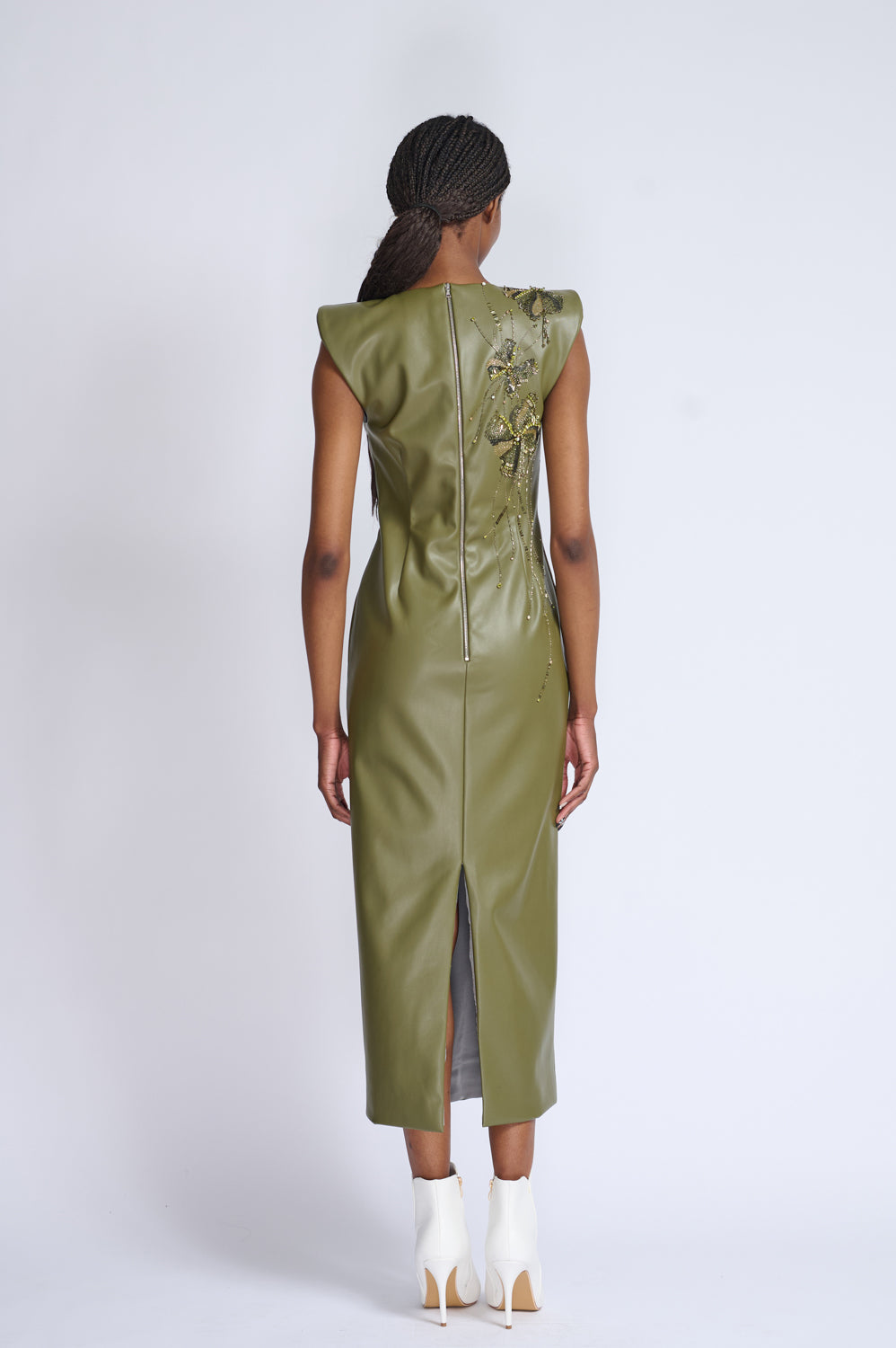 Fleur Embroidered Cactus Vegan Leather Sheath Dress 3