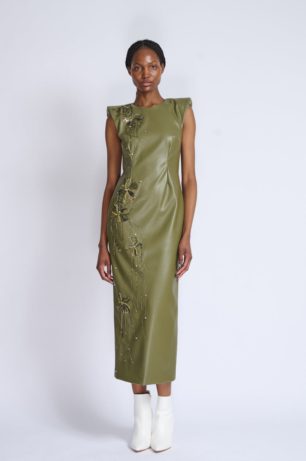 Fleur Embroidered Cactus Vegan Leather Sheath Dress 1