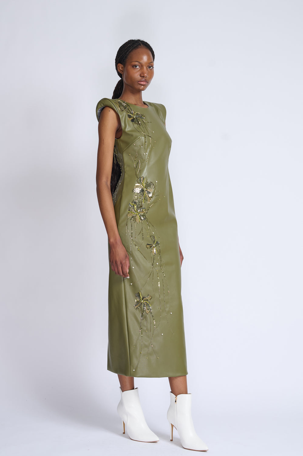 Fleur Embroidered Cactus Vegan Leather Sheath Dress 2