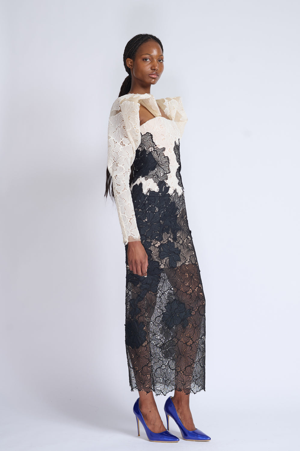 Strapless Onyx And Ivory Lace Cocktail Dress With Draped Sleeves 2