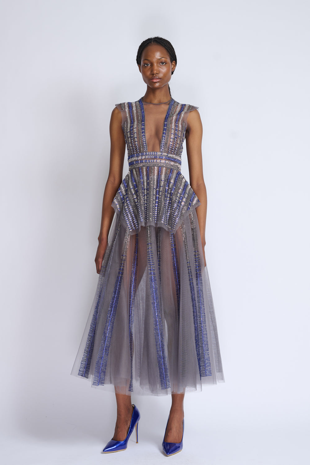 Storm Gray Rayure Embroidery Peplum Top 1