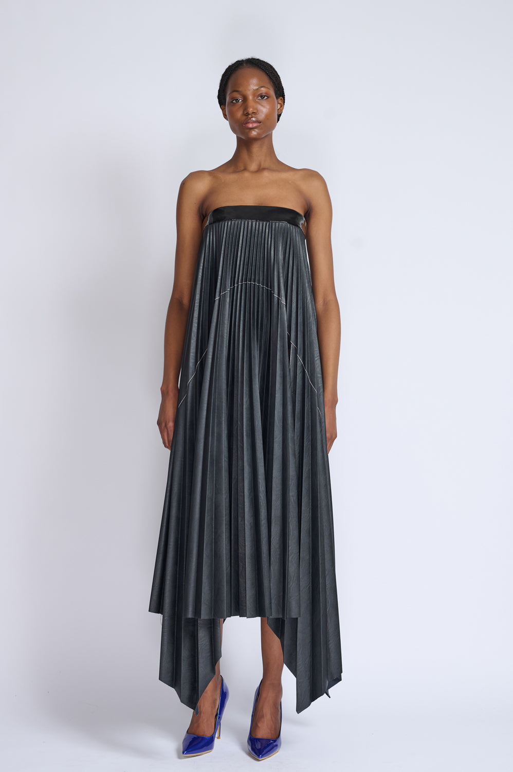 Strapless Vegan Leather Pleated Dress 1