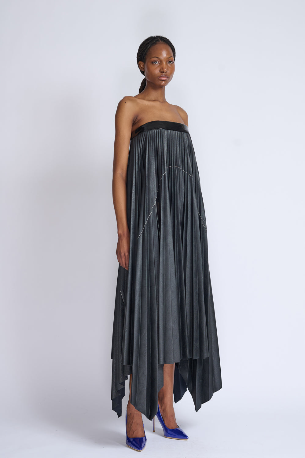 Strapless Vegan Leather Pleated Dress 2