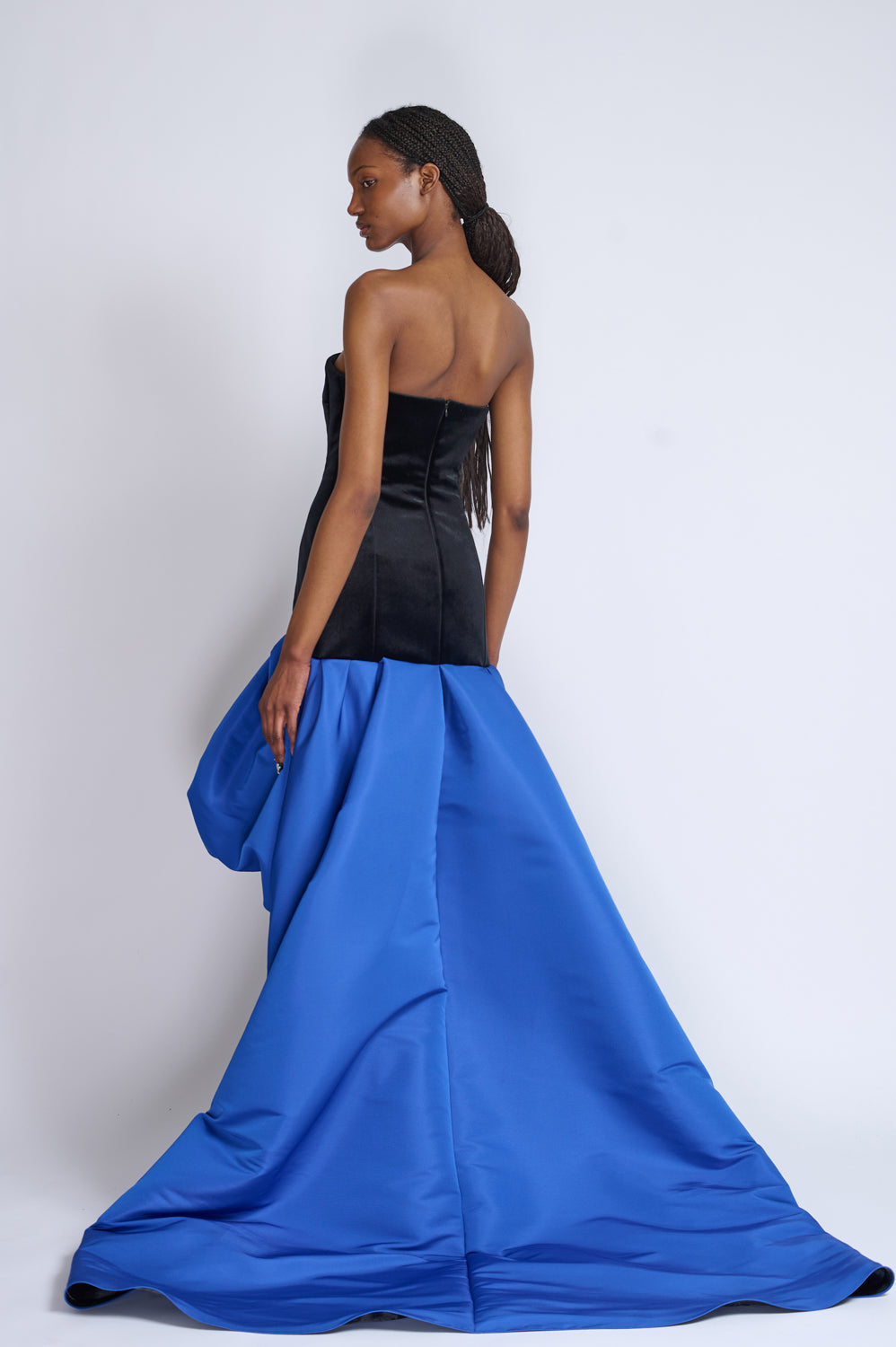 Onyx Velvet Strapless Dress With Yves Blue Faille Pouf Train 3