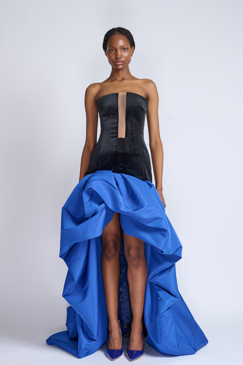 Onyx Velvet Strapless Dress With Yves Blue Faille Pouf Train 1