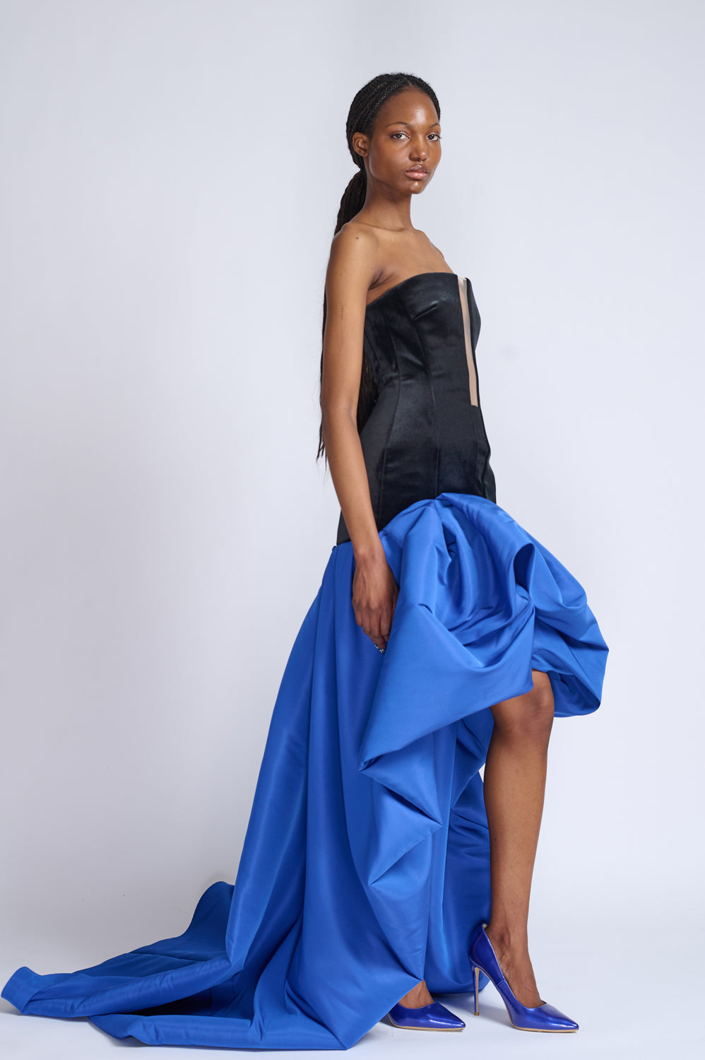 Onyx Velvet Strapless Dress With Yves Blue Faille Pouf Train 2