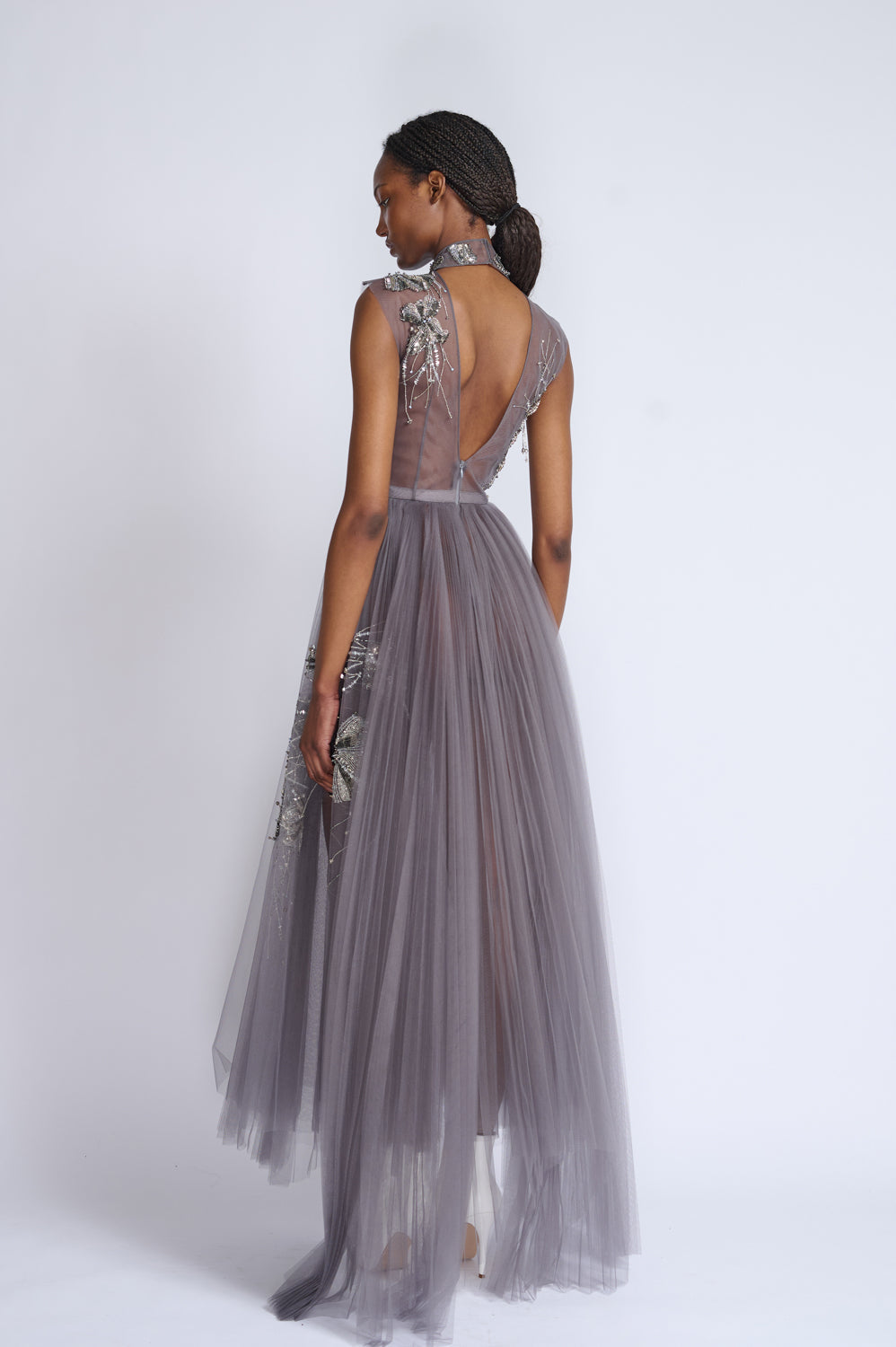 Black Diamond Fleur Embroidered Storm Gray Plisse Tulle Dress 3