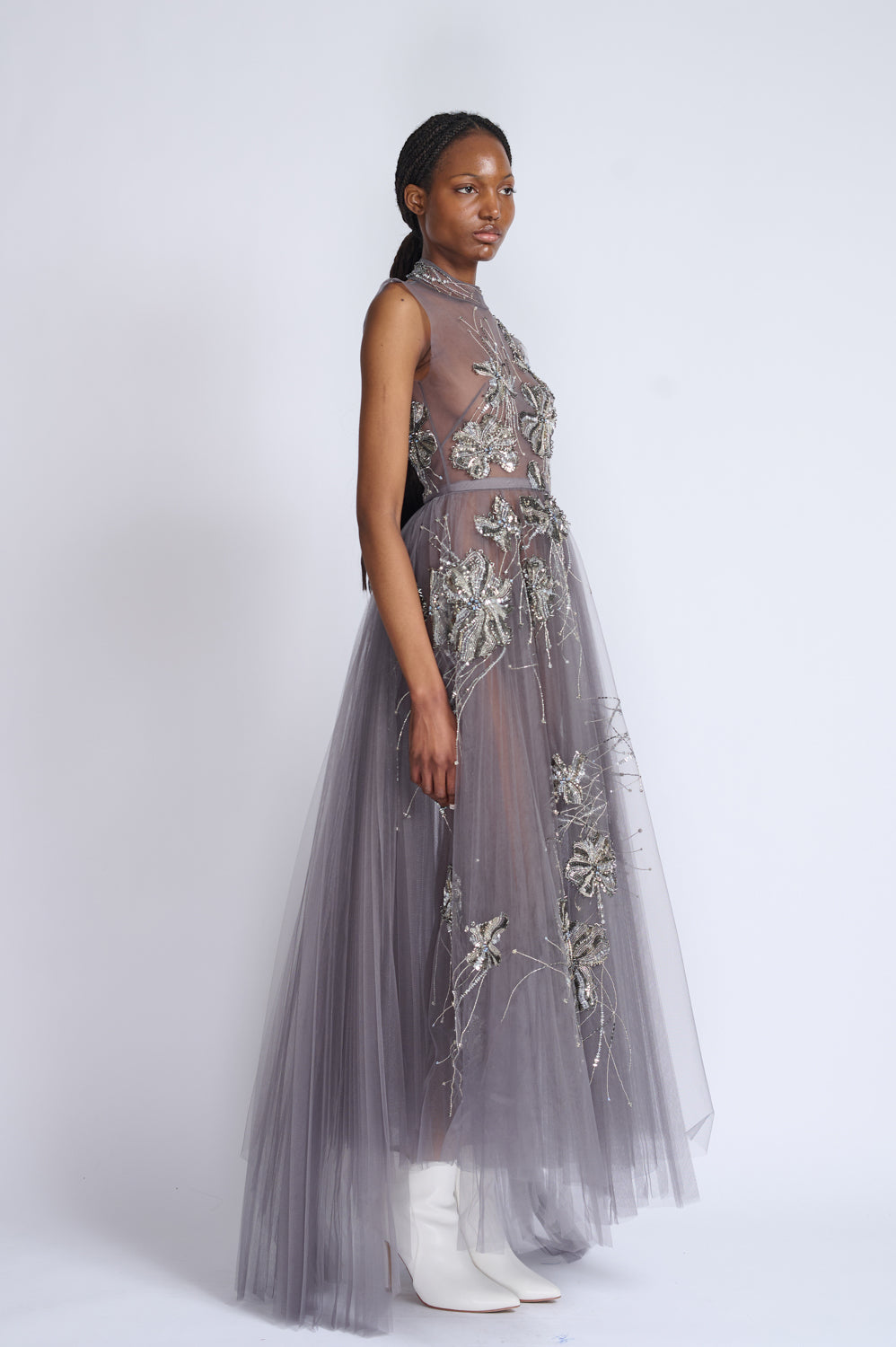 Black Diamond Fleur Embroidered Storm Gray Plisse Tulle Dress 2