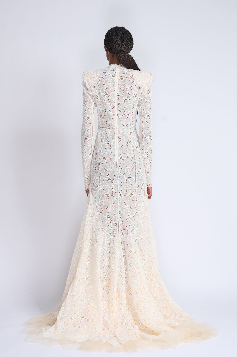 Ivory Lace and Tulle Gown with Sharp Shoulders 3