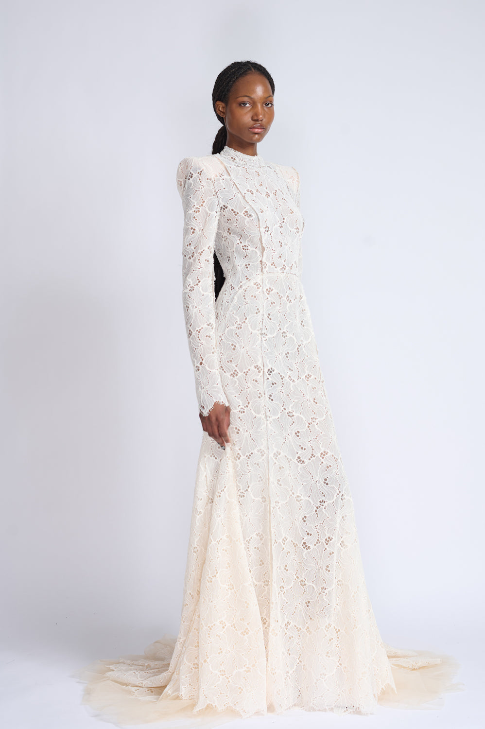 Ivory Lace and Tulle Gown with Sharp Shoulders 2