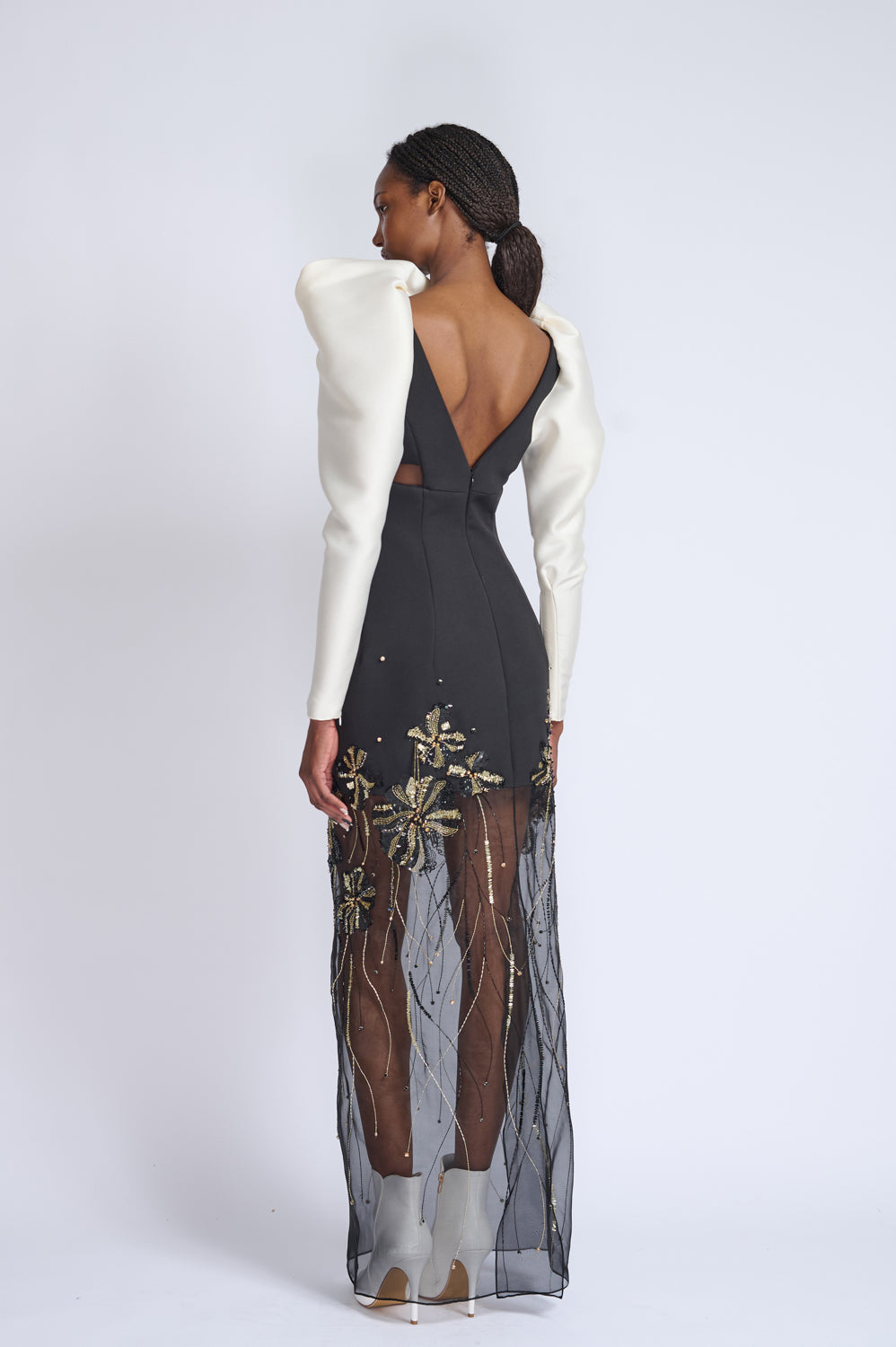 Onyx Cady To Organza Gown With Golden Fleur Embroidery and Draped Gazaar Sleeves 3