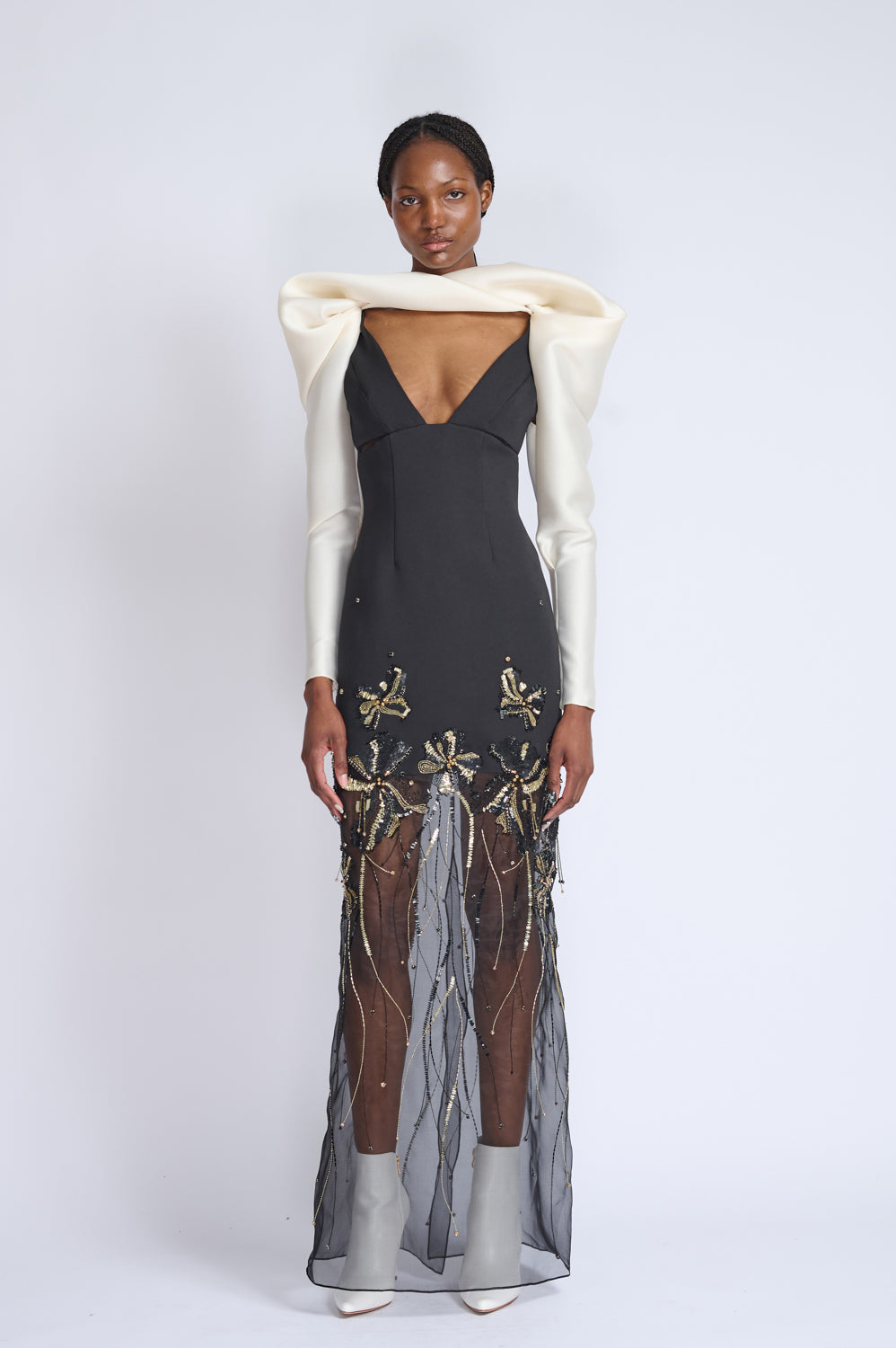 Onyx Cady To Organza Gown With Golden Fleur Embroidery and Draped Gazaar Sleeves 1