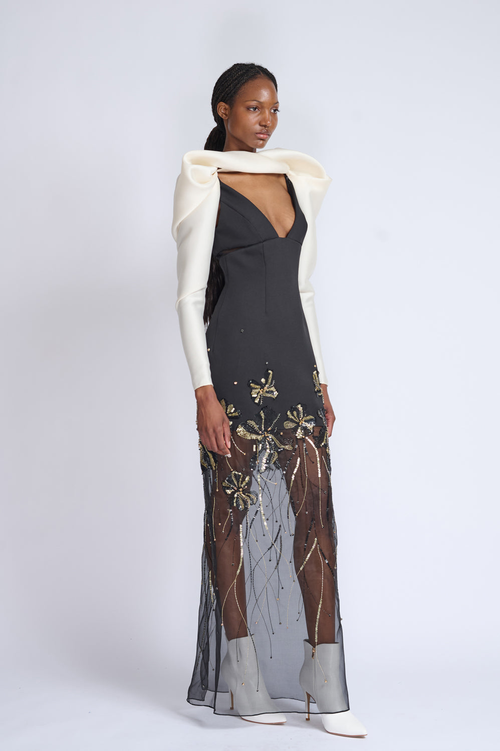 Onyx Cady To Organza Gown With Golden Fleur Embroidery and Draped Gazaar Sleeves 2
