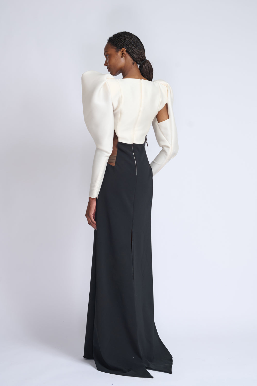 Onyx Cady Gown with Sheer Inserts and Drapped Gazaar Sleeves 3