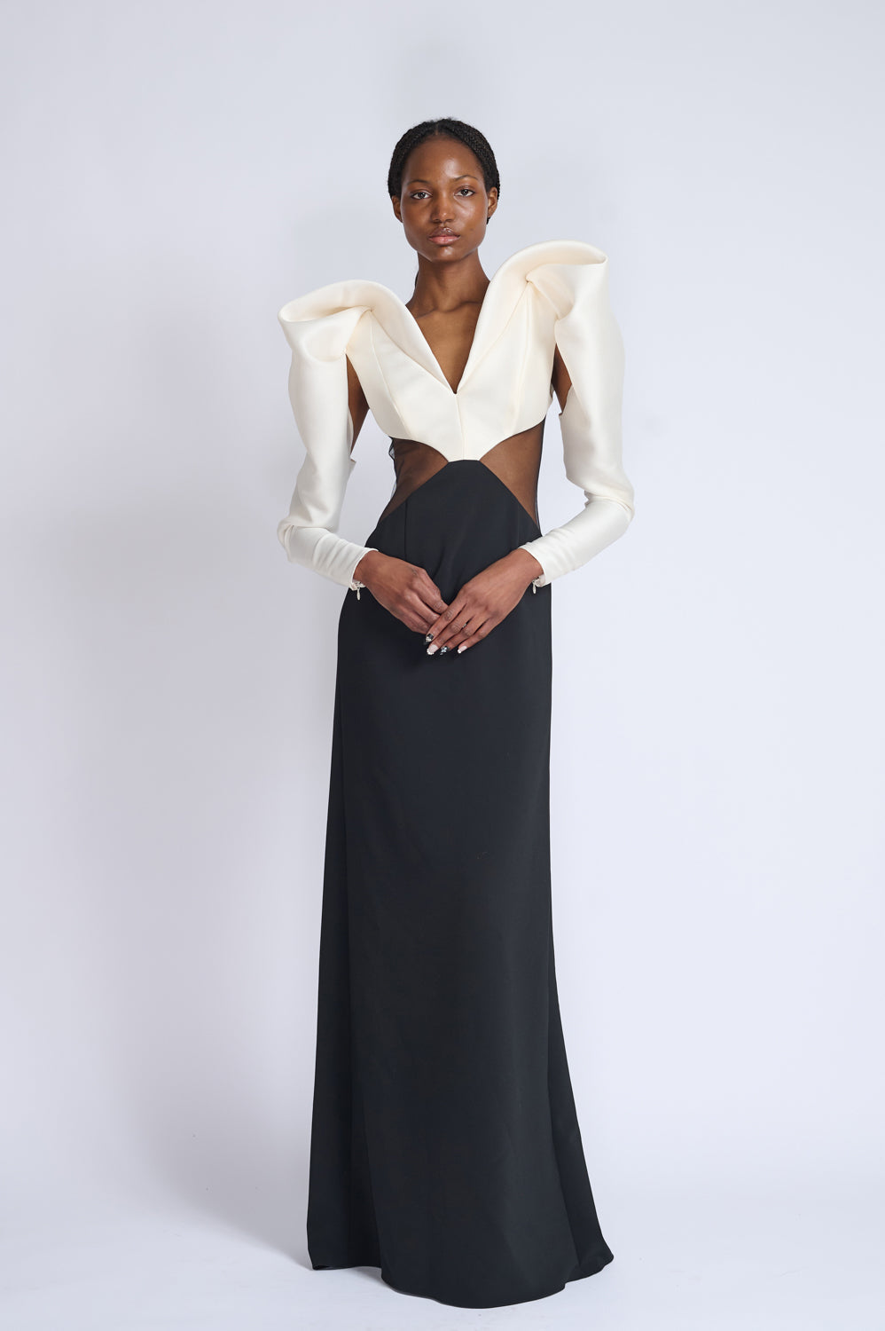 Onyx Cady Gown with Sheer Inserts and Drapped Gazaar Sleeves 1