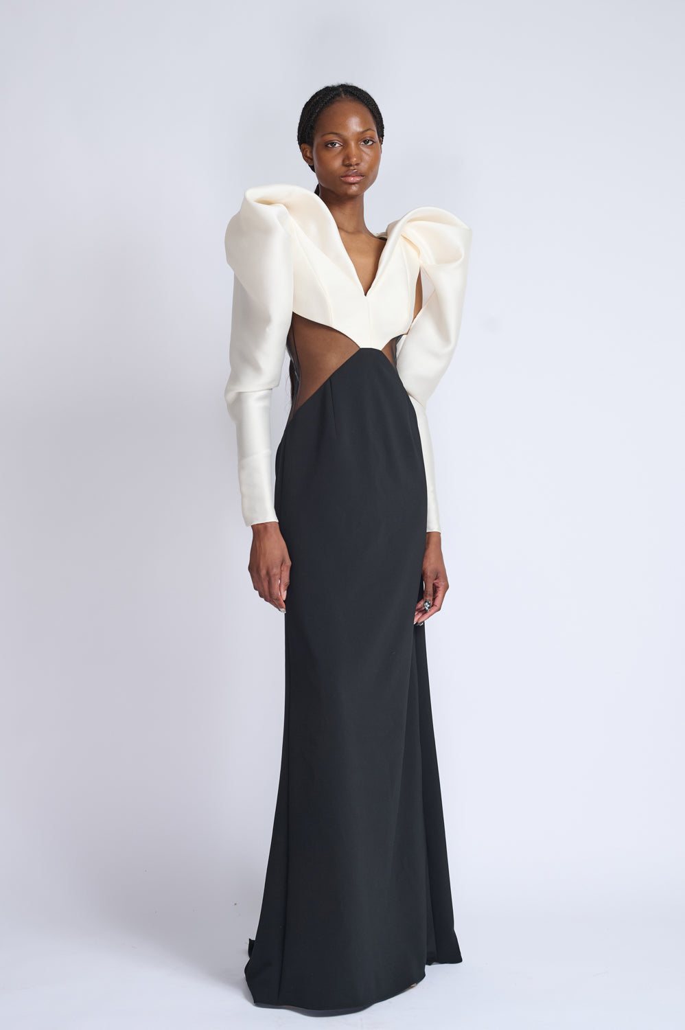 Onyx Cady Gown with Sheer Inserts and Drapped Gazaar Sleeves 2