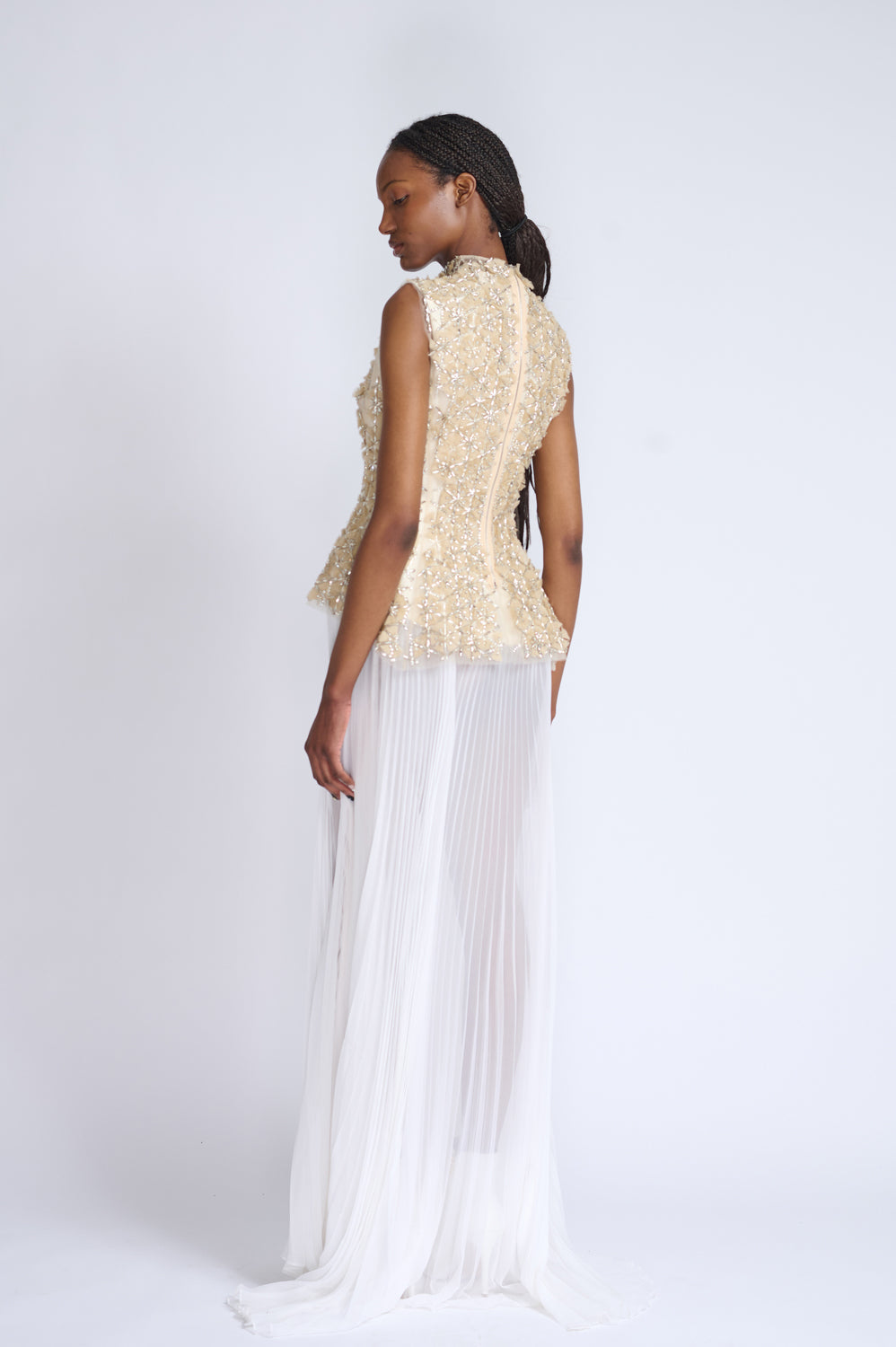 Crystal Lattice Embroidered Tulle Top with Ivory Gazaar and Pleated Chiffon Gown 3