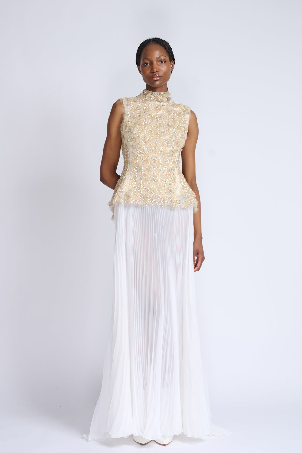 Crystal Lattice Embroidered Tulle Top with Ivory Gazaar and Pleated Chiffon Gown 1