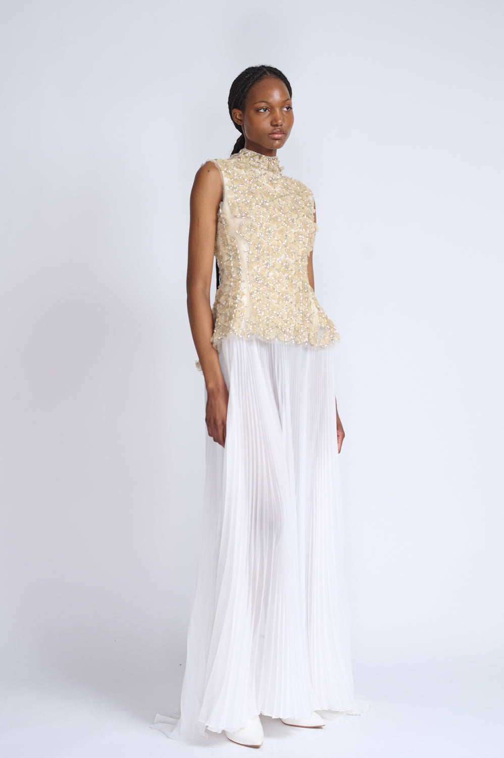 Crystal Lattice Embroidered Tulle Top with Ivory Gazaar and Pleated Chiffon Gown 2