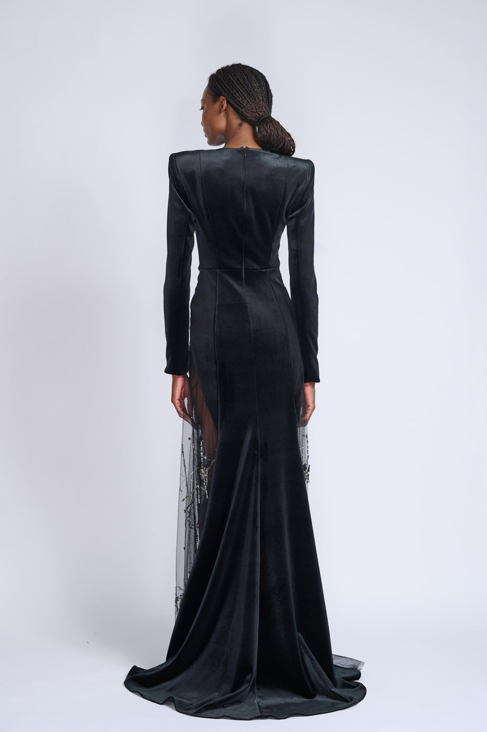 Onyx Velvet and Crystal Lattice Embroidered Tulle Tailcoat Gown 4