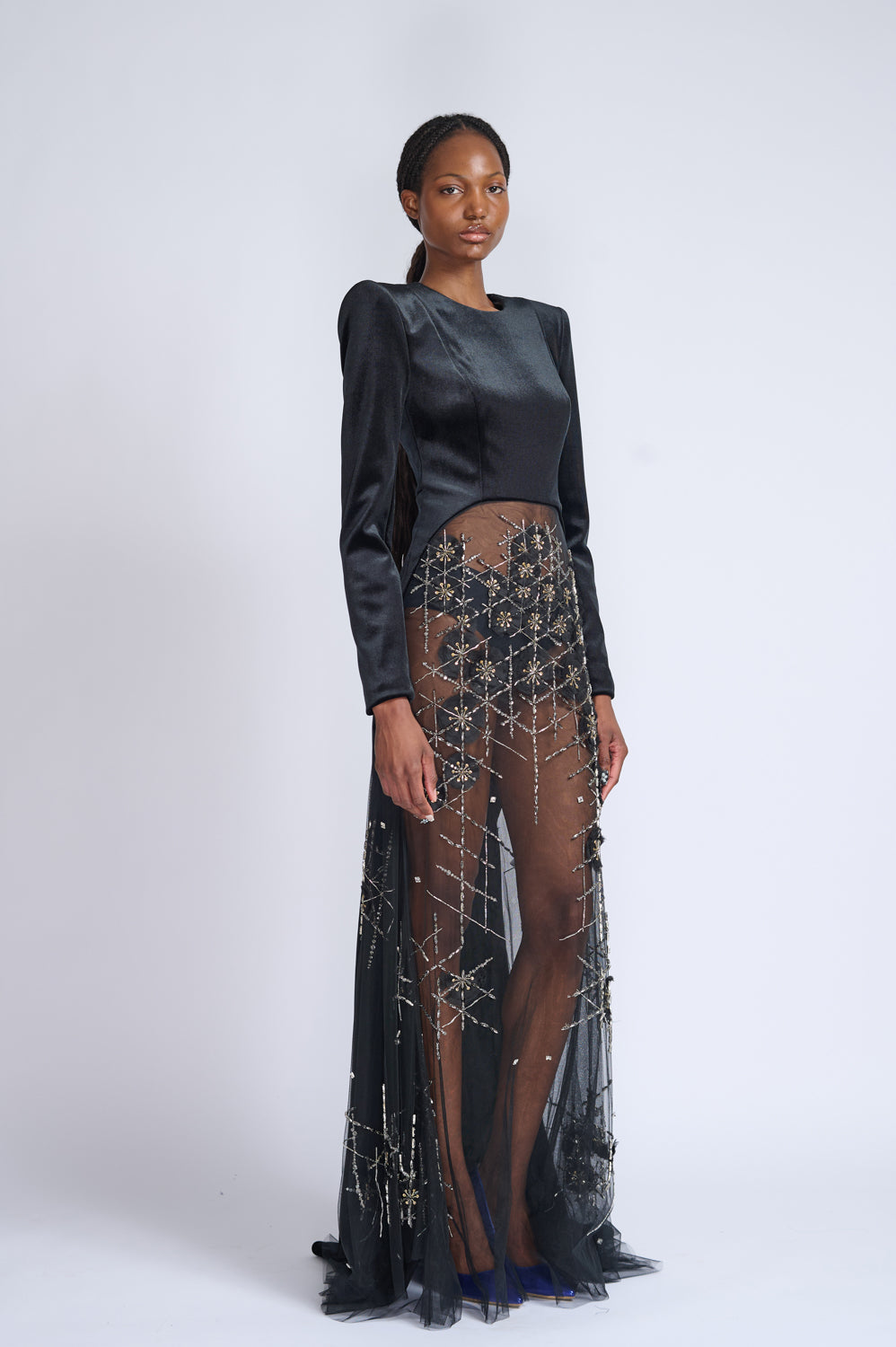 Onyx Velvet and Crystal Lattice Embroidered Tulle Tailcoat Gown 2