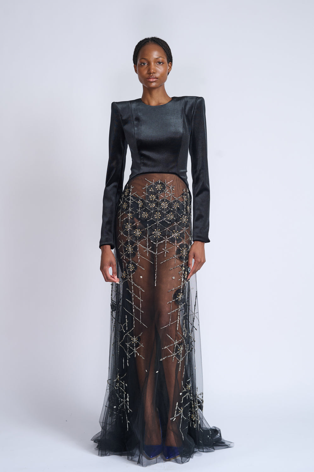 Onyx Velvet and Crystal Lattice Embroidered Tulle Tailcoat Gown 1