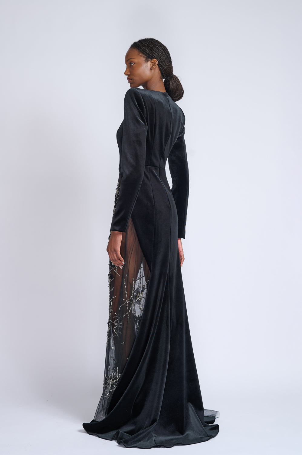 Onyx Velvet and Crystal Lattice Embroidered Tulle Tailcoat Gown 3