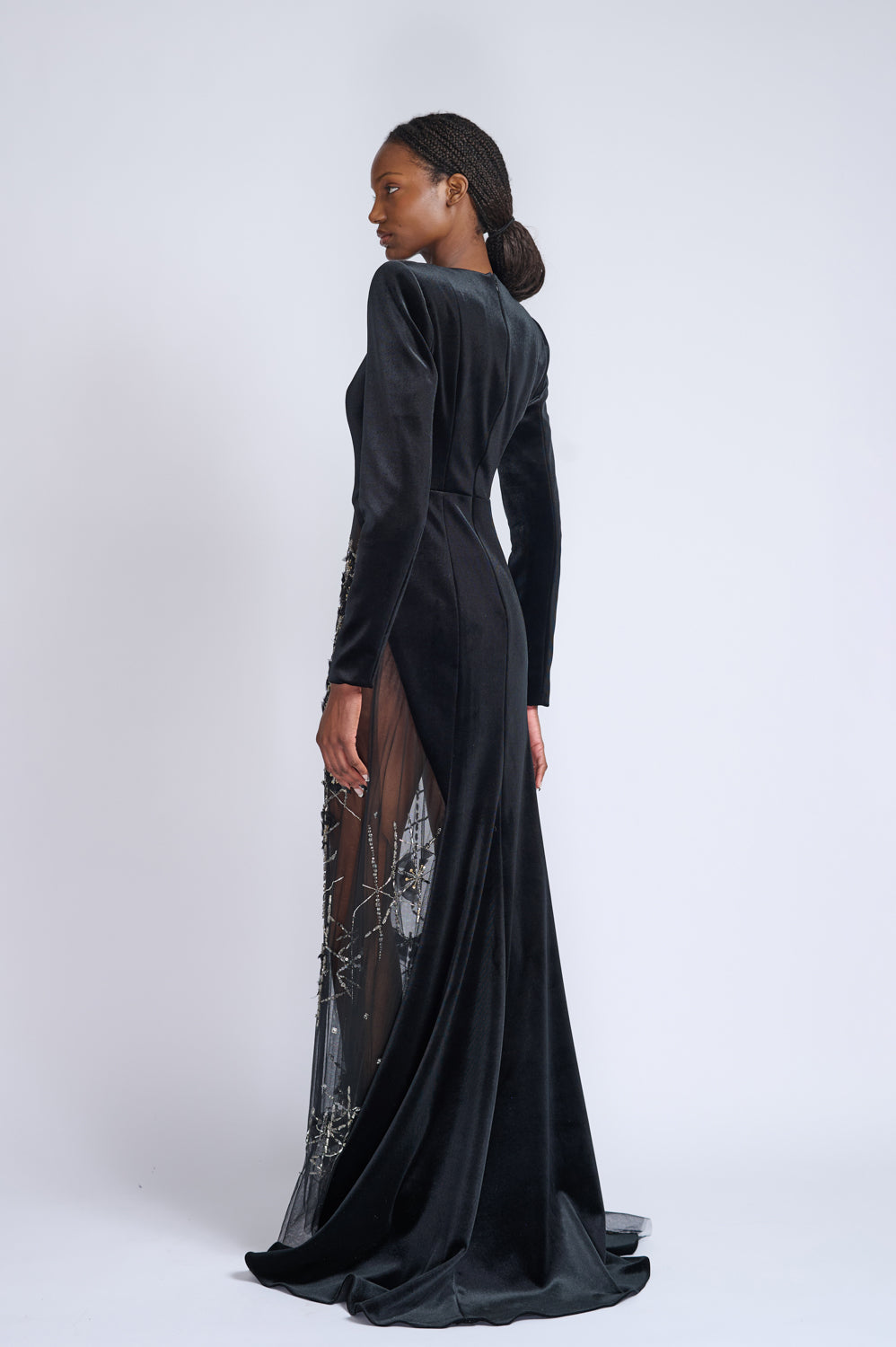 Onyx Velvet and Crystal Lattice Embroidered Tulle Tailcoat Gown 3
