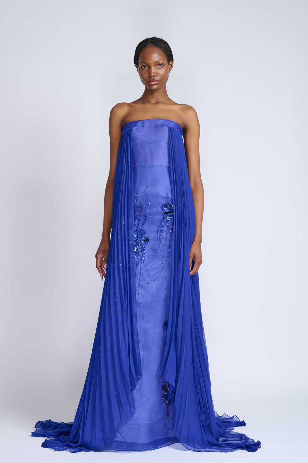Yves Blue Organza and Chiffon Strapless Gown With Sapphire Fleur Embroidery 1