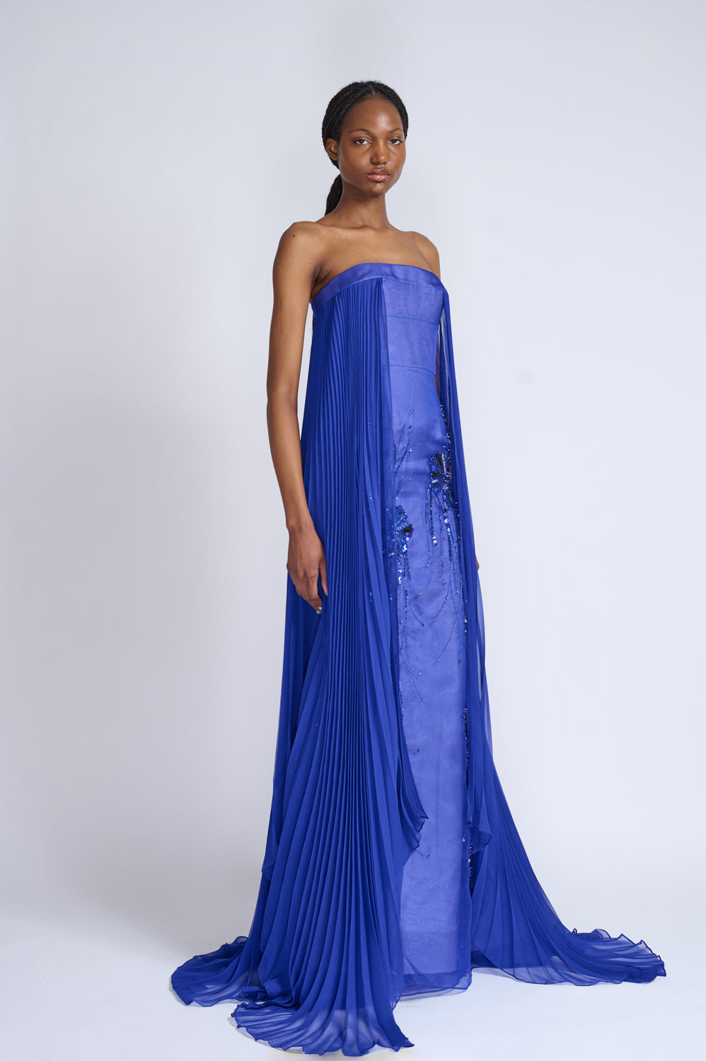 Yves Blue Organza and Chiffon Strapless Gown With Sapphire Fleur Embroidery 2