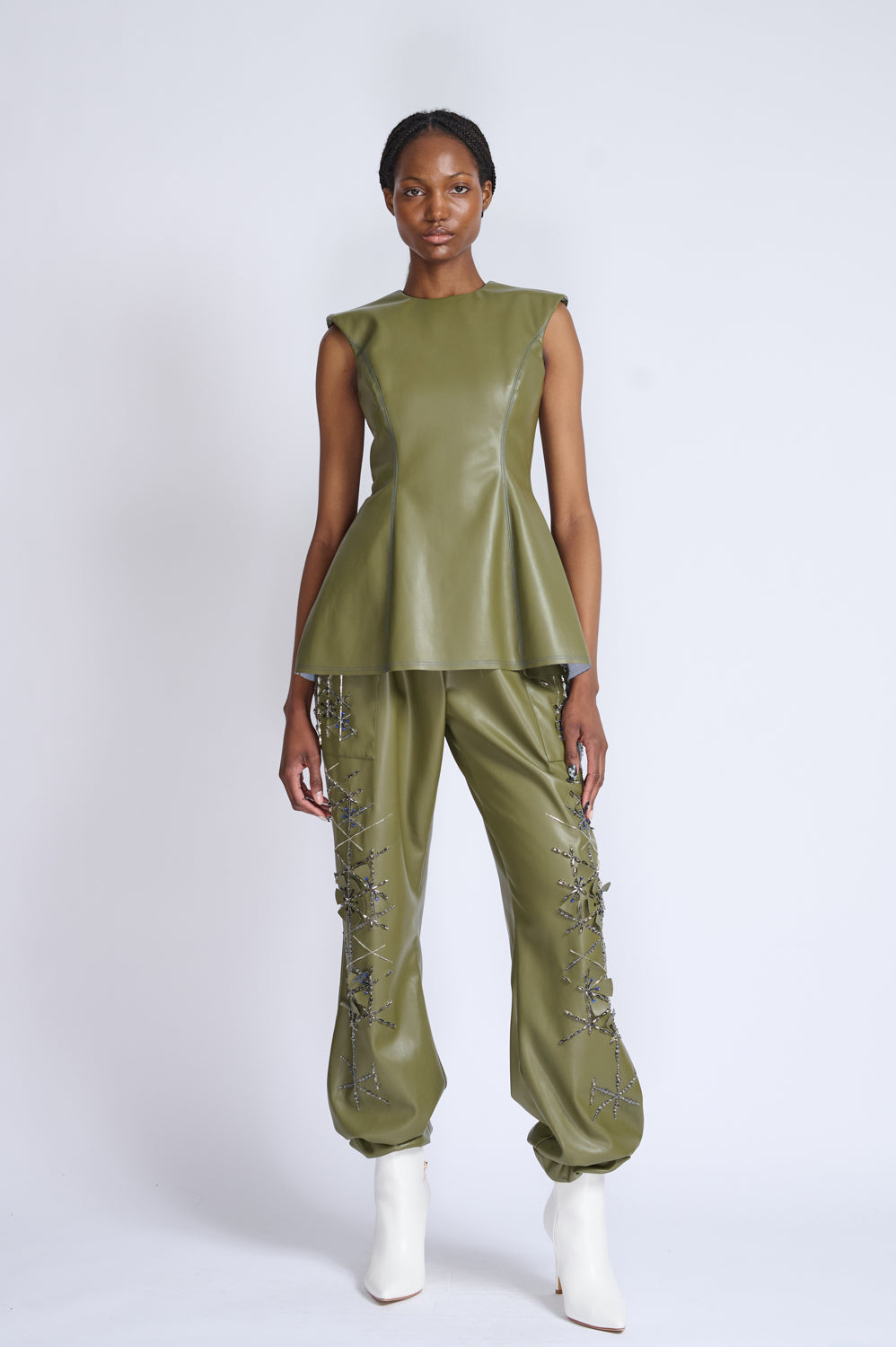 Cactus Vegan Leather Jogger Pants With Crystal Lattice Embroidery 4