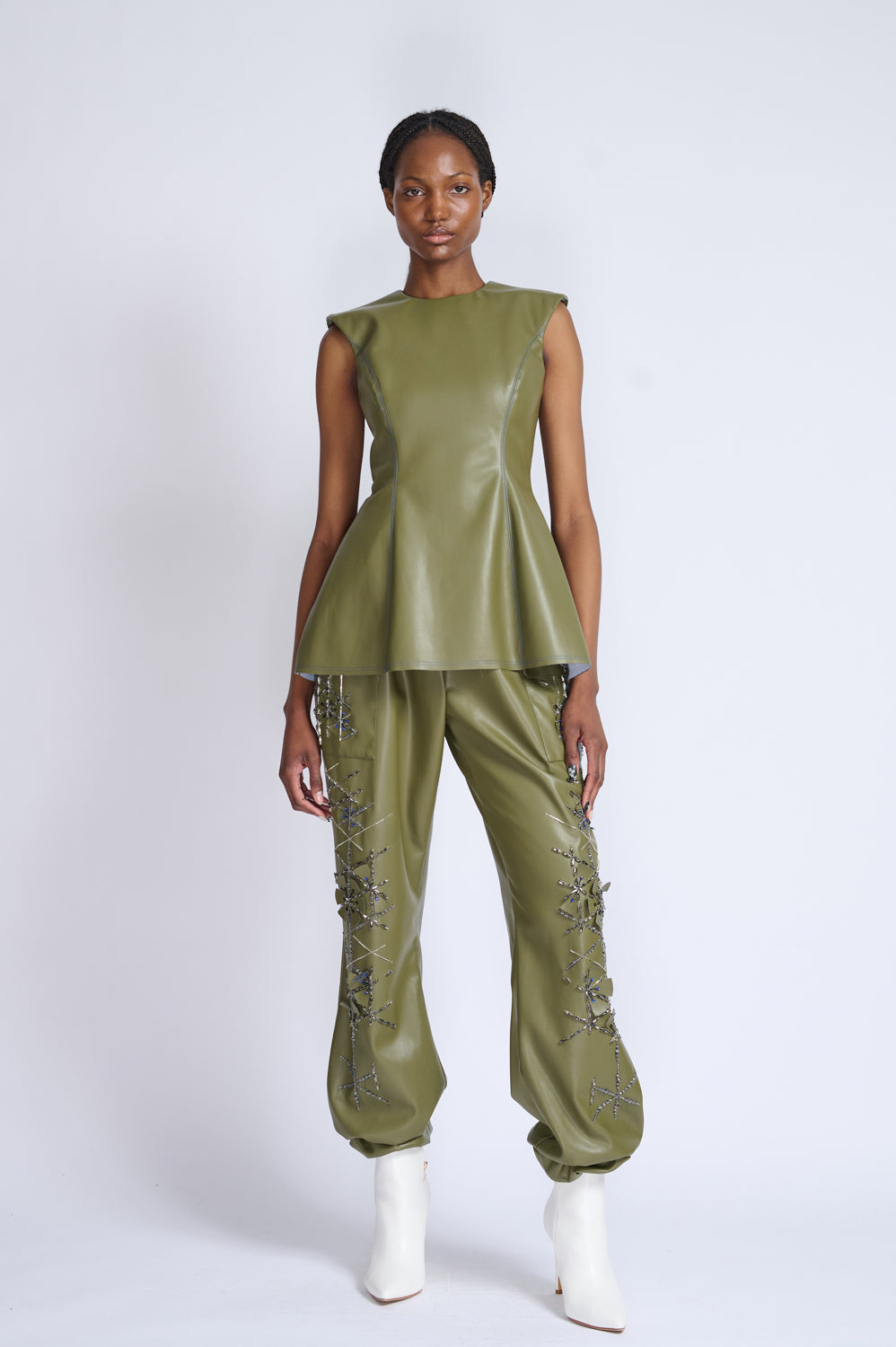 Cactus Vegan Leather Jogger Pants With Crystal Lattice Embroidery 4