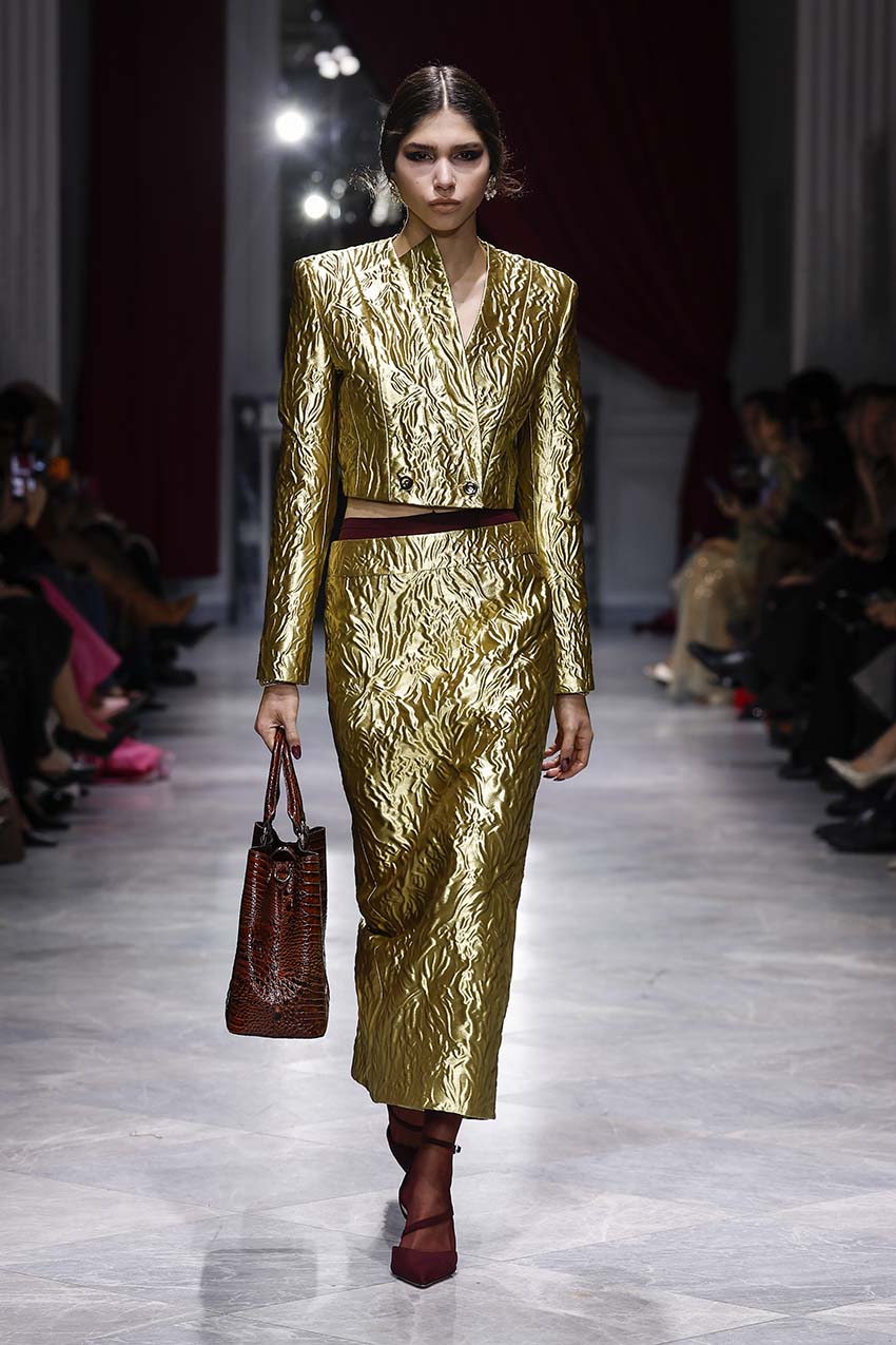 Hema Embossed Gold Jacquard Pencil Skirt Front Runway