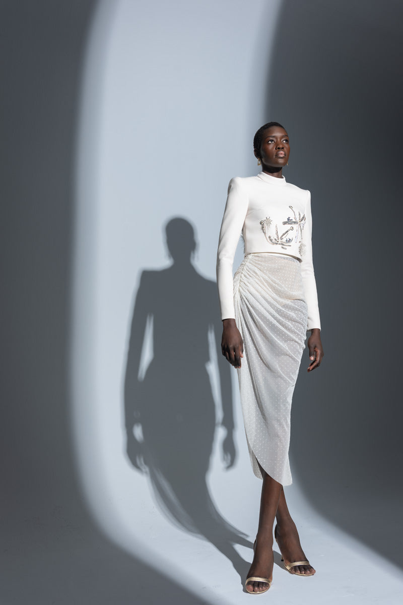 Ivory Asymmetric Draped Point d’Esprit Skirt Front Runway