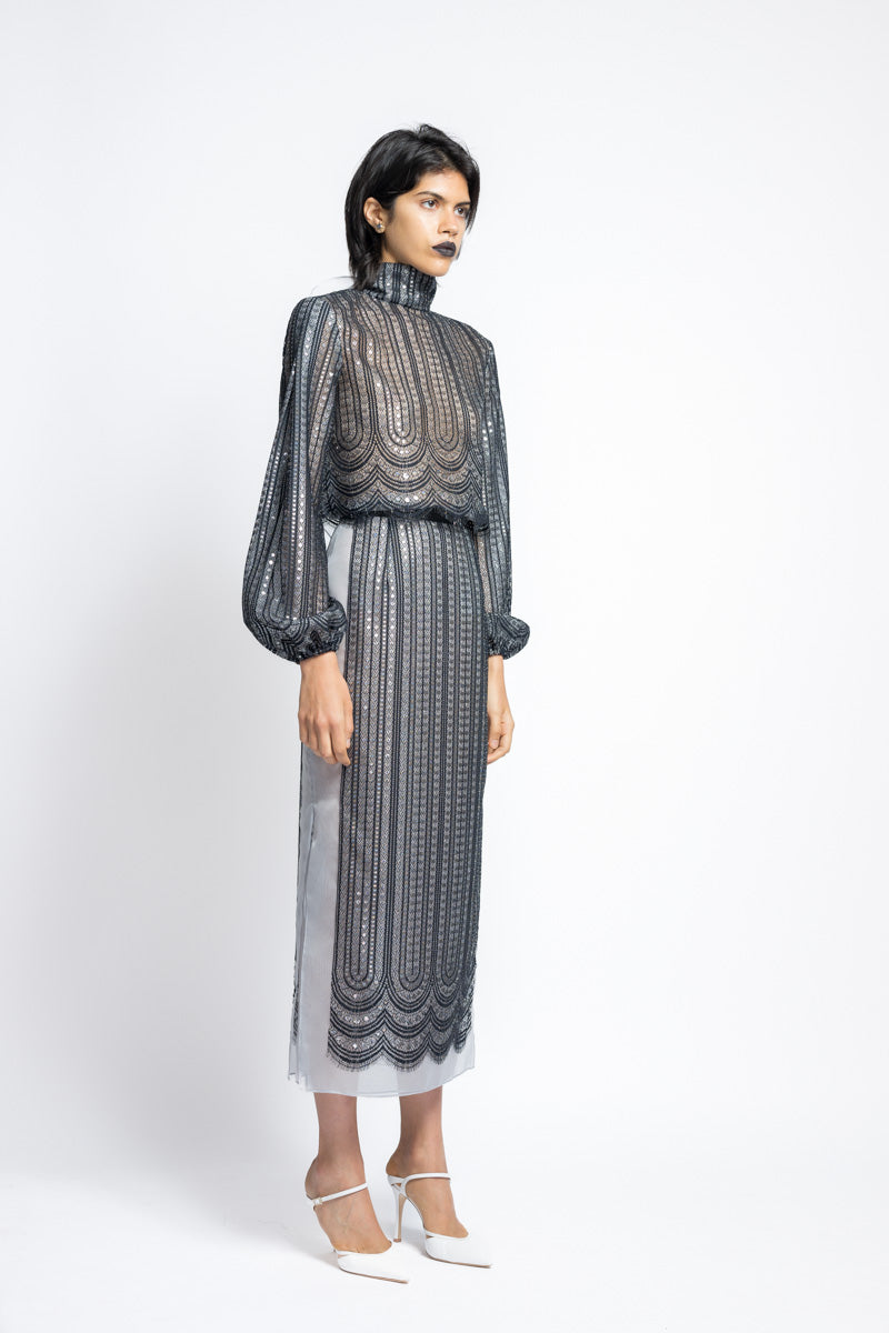 Metallic Nailhead Lace And Organza Pencil Skirt With Side Slits 3