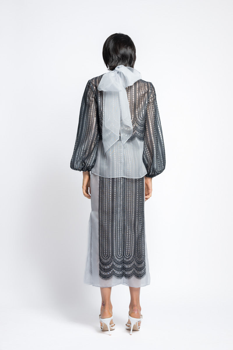 Metallic Nailhead Lace And Organza Blouse With Bow 5