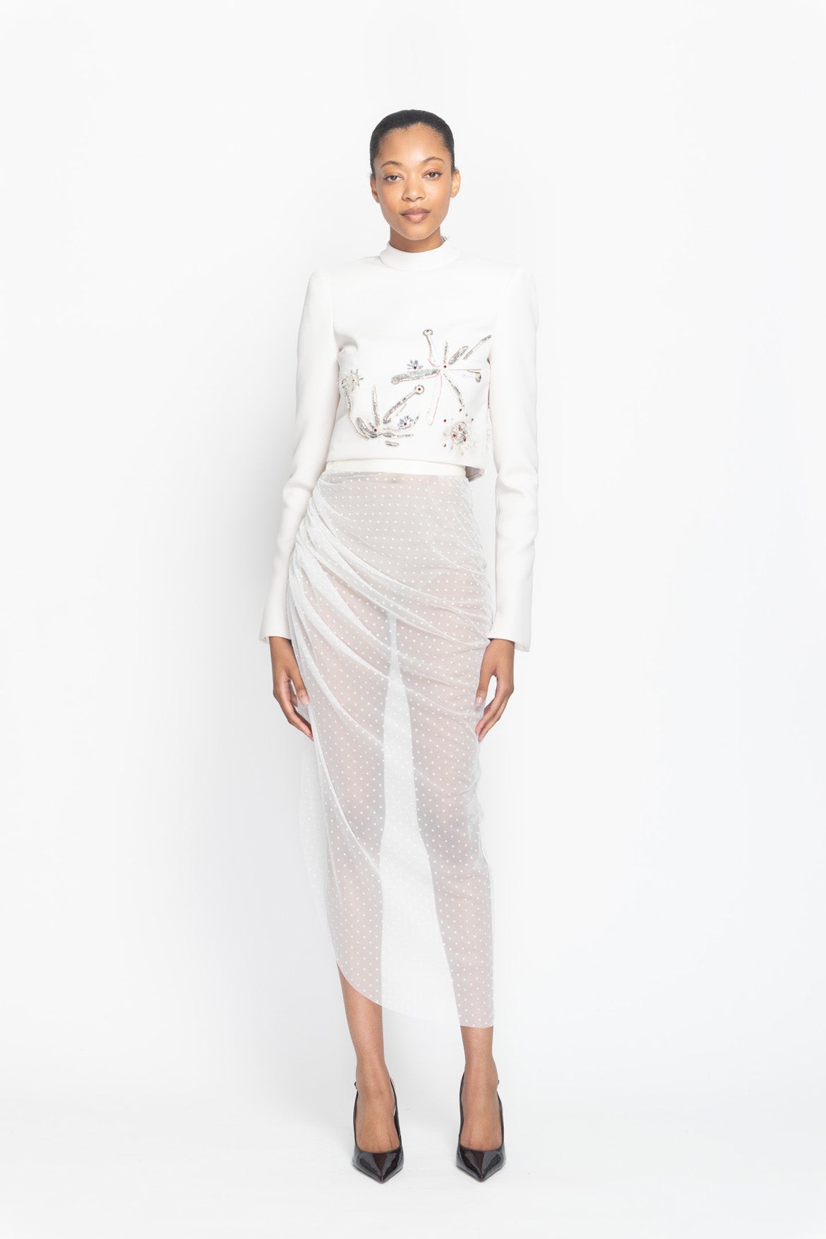 Ivory Asymmetric Draped Point d’Esprit Skirt Front